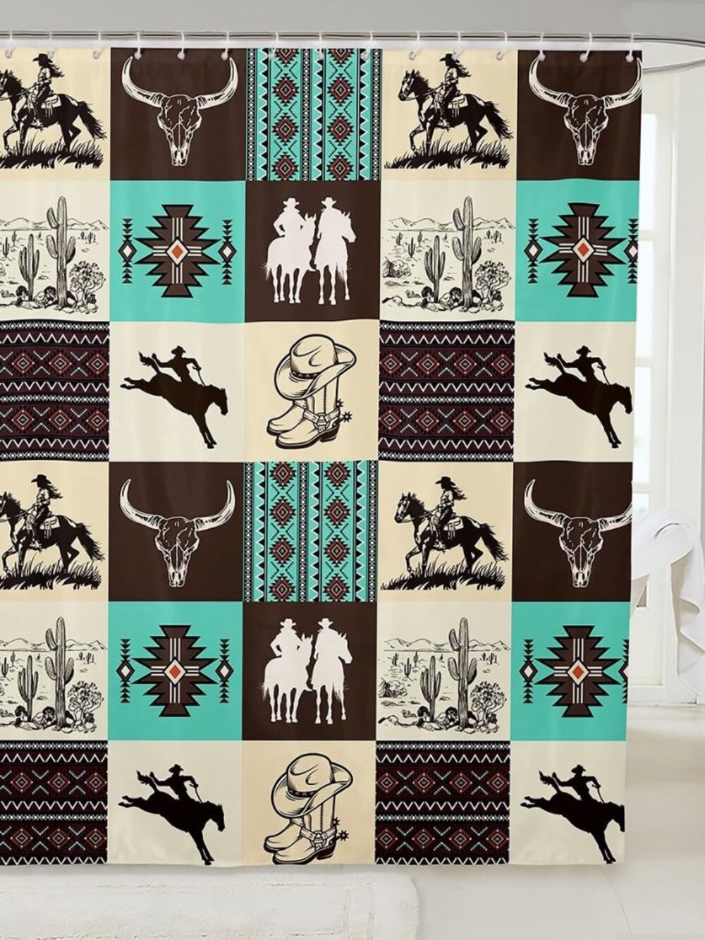 Western Cowboy Bathroom Curtain,Cow Skull Desert Cactus Shower Curtain,Rustic